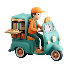 Cartoon delivery driver on scooter delivering pizza with box on transparent background