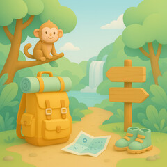 Cartoon monkey sitting on tree with hiking gear by waterfall