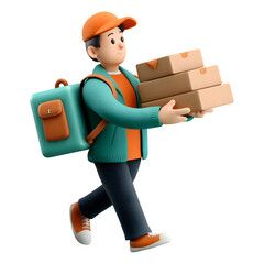 3D Cartoon Delivery Man Walking with Stacked Boxes on transparent background