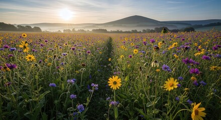 Wildflower Field with Yellow and Purple Flowers Under Soft Morning Sunlight in Countryside Landscape