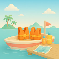 Colorful boat with life jackets and sunscreen on a sunny day  