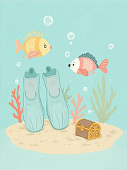 Cartoon snorkeling fins with colorful fish and treasure chest underwater  