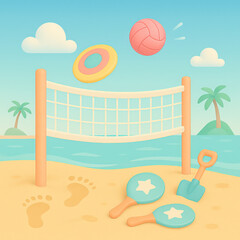 Beach volleyball court with colorful toys and playful atmosphere  