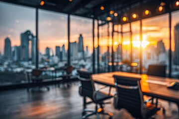Blurry modern office interior at sunset.  Cityscape view
