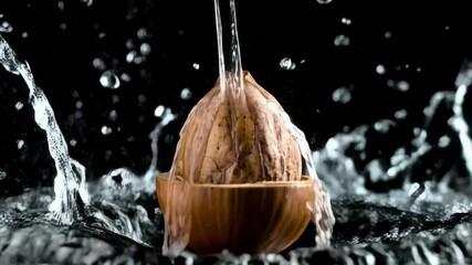 Coconut being washed by a stream of water with water droplets against a black background, close up shot, refreshment - Powered by Adobe