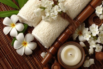 Spa still life with rolled towels, flowers, and candle