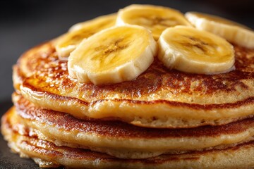 Stack of golden brown pancakes topped with sliced bananas and drizzled with syrup