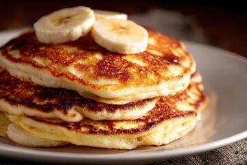 Fluffy stack of pancakes topped with banana slices