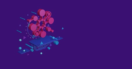 Pink molecule symbol on a pedestal of abstract geometric shapes floating in the air. Abstract concept art with flying shapes on the left. 3d illustration on deep purple background