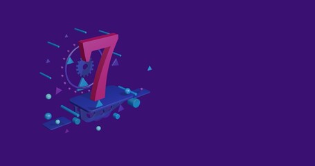 Pink number seven symbol on a pedestal of abstract geometric shapes floating in the air. Abstract concept art with flying shapes on the left. 3d illustration on deep purple background