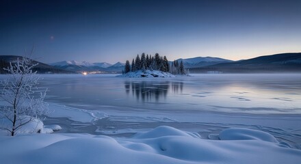 Fototapeta premium Snow Covered Island with Pine Trees on Frozen Lake in Winter Mountain Landscape