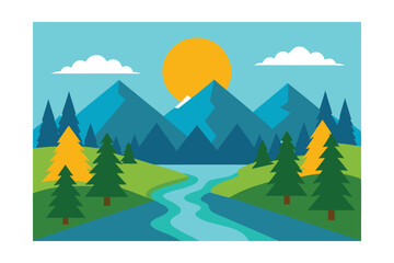 Fototapeta premium Sunny Mountain Landscape Illustration 