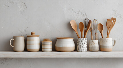 Minimalist Beige and White Kitchen Shelf with Wooden Utensils