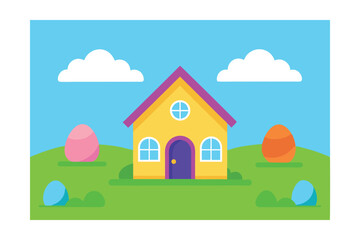 Colorful Decorated Easter Eggs House Illustration 