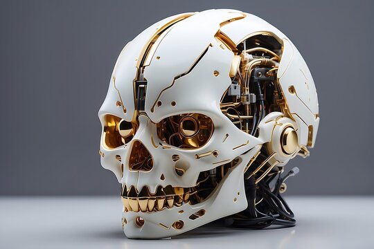 Robotic skull with golden accents