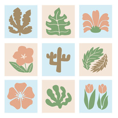 Hand drawn frame with abstract flowers, leaves and other plants in a cool style.