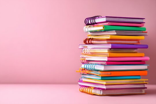 A tall stack of colorful notebooks