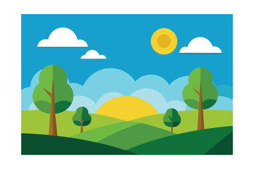 Morning to Evening Rural Paper Vector Landscape Illustration