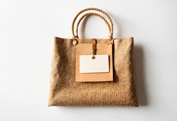 eco-friendly woven tote bag with blank label on minimalist background