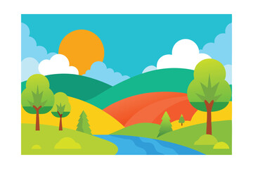 Colorful Rural Summer Landscape Vector Illustration 