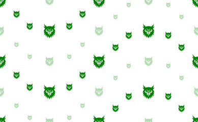Seamless pattern of large and small green owl head symbols. The elements are arranged in a wavy. Illustration on light green background