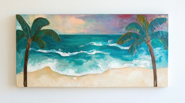 Tropical beach scene, two palm trees, calm waves, soft colors