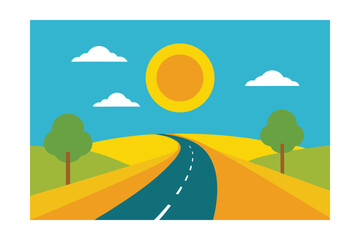 Summer Road Landscape with Sun