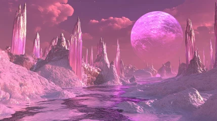 Selbstklebende Fototapeten Pink alien landscape with crystal spires and a large pink moon © yuan