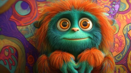 Animated creature, vibrant colors, friendly face, whimsical background