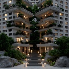 Modern apartment building at twilight, surrounded by lush greenery