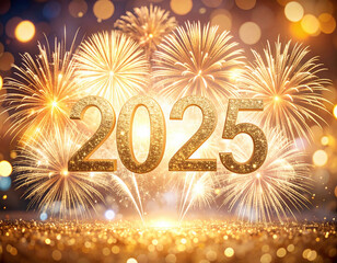 Golden fireworks illuminate night sky, celebrating arrival of 2025 with dazzling display of light and joy