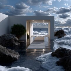 Modern architecture, ocean view, floating walkway