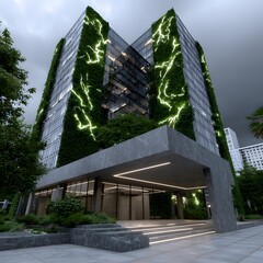 Modern, green-walled skyscraper at dusk