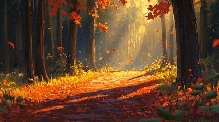 Fototapeta premium Autumnal forest path bathed in golden light