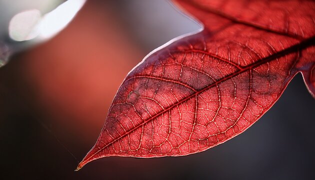 macro photography of a red plant leaf with structure detail and depth of field