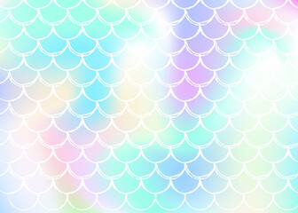 Holographic mermaid background with gradient scales. Bright color transitions. Fish tail banner and invitation. Underwater and sea pattern for girlie party. Futuristic back with holographic mermaid.