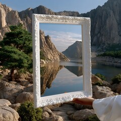 Mountain lake reflected in ornate white frame
