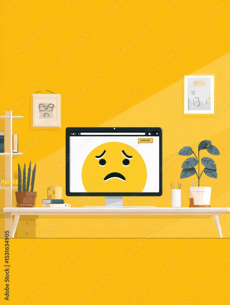 Poster website crash screen displaying frowning emoji on a clean workspace with yellow walls and potted pla