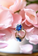 Stunning Sapphire and Diamond Ring on Pink Rose Petals