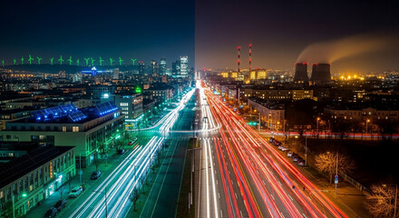 Fototapeta premium Dynamic Cityscape Split Sustainable Green Energy with Wind Turbines vs Polluting Industrial Night View Environmental Transition