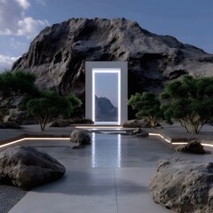 Mountain vista through glowing portal