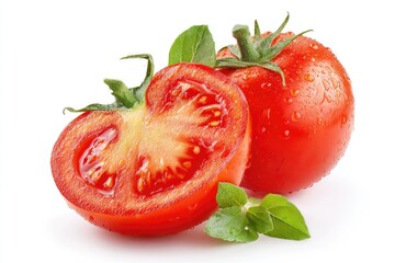 Two fresh tomatoes, one sliced, with basil leaves