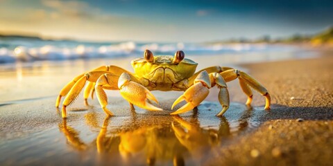 Fototapeta premium A yellow crab stands on a sandy beach at low tide