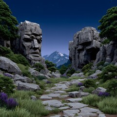Nighttime mountain path flanked by sculpted rock faces