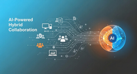 AI Sphere with Data Connections Leading to Hybrid Collaboration and Workplace Icons Highlighting AIPowered Teamwork and Digital Transformation