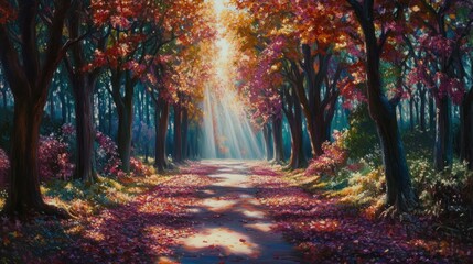 Naklejka premium Sunlight streams through colorful autumn trees lining a path