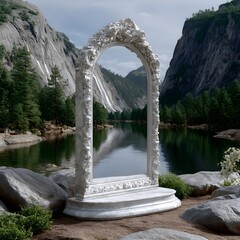 Ornate white archway frame reflecting serene mountain lake landscape