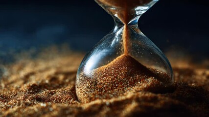 Hourglass with Sand Flowing on Sand Surface Against a Dark Background