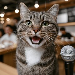 Playful tabby cat with open mouth near microphone in cafe