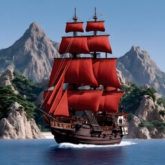 Red-sailed ship at sea, dramatic mountains